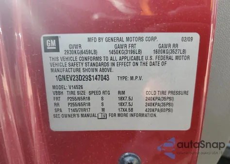 2009 Chevrolet Traverse Lt z USA, uszkodzony, nr VIN 1GNEV23D29S147043